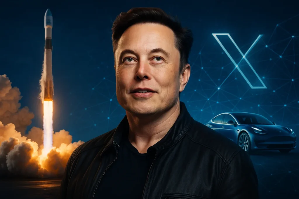 Elon Musk portrait with futuristic background — innovator behind Tesla, SpaceX, and X featured in Profilia biographies collection, cinematic hero-style image for biography page.