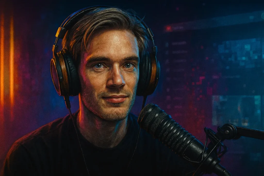 Felix Kjellberg portrait with neon YouTube-inspired background — PewDiePie, Swedish YouTuber and digital pioneer featured in Profilia biographies collection.