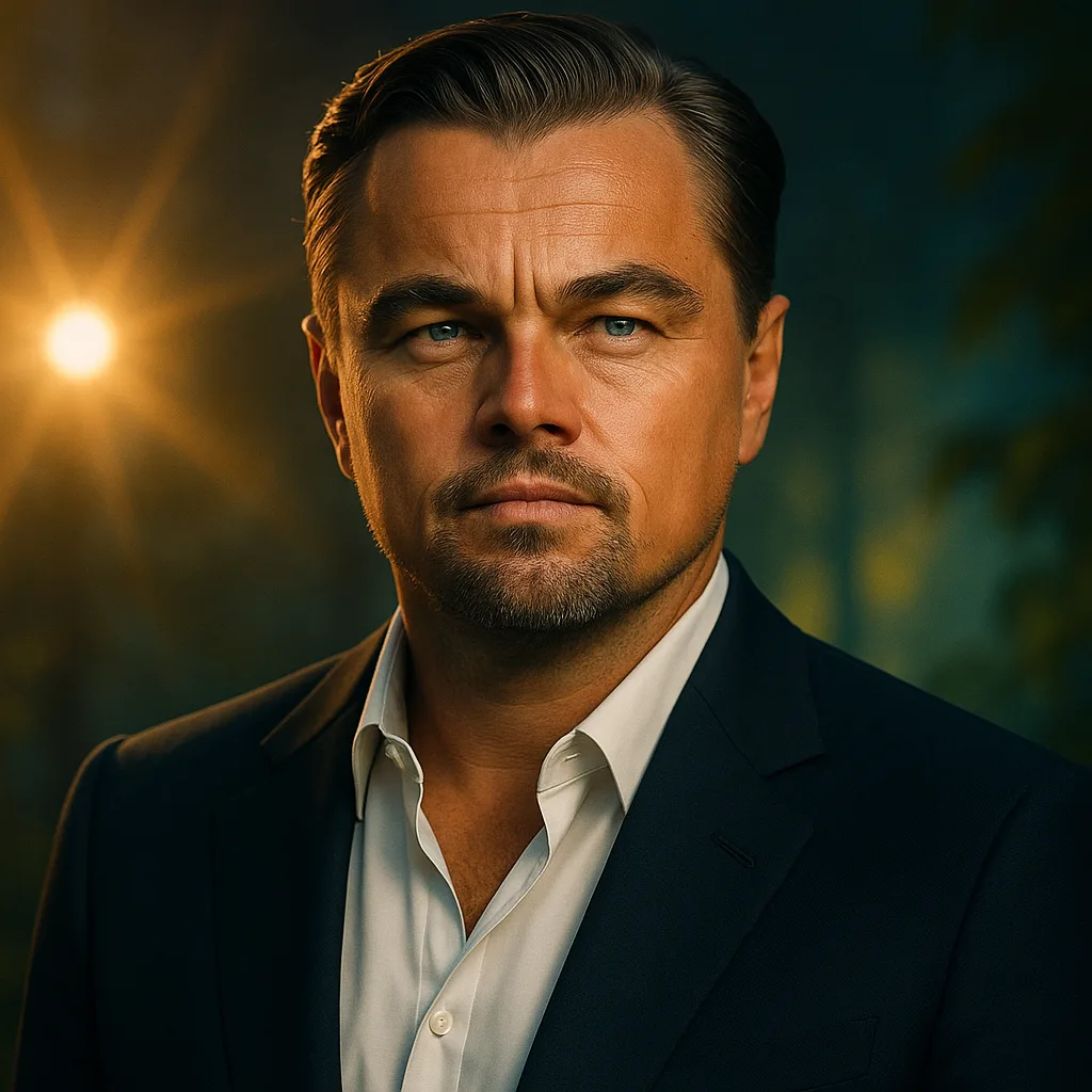 Leonardo DiCaprio portrait with cinematic lighting — Hollywood actor and environmental activist featured in Profilia biographies collection, inspiring photo on biography page.