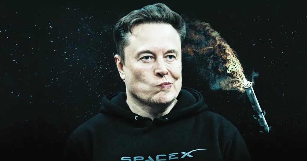 SpaceX rocket by Elon Musk engulfed in flames, showcasing a dramatic fire incident during a launch attempt.