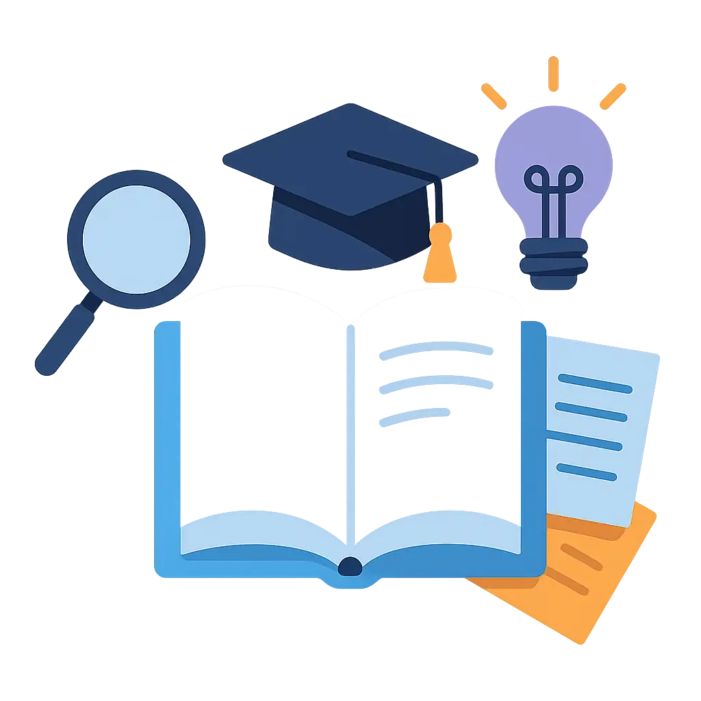 Flat vector illustration of an open book with graduation cap, magnifying glass, papers, and lightbulb, symbolizing biographies in education and research.