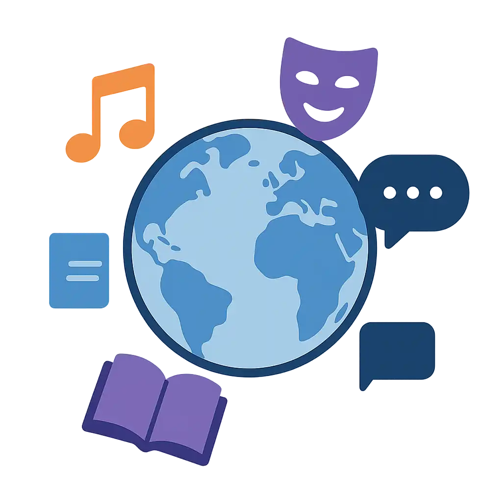 Flat vector illustration of a globe surrounded by icons of music, theater, books, and digital chat, symbolizing culture and society in biographies.