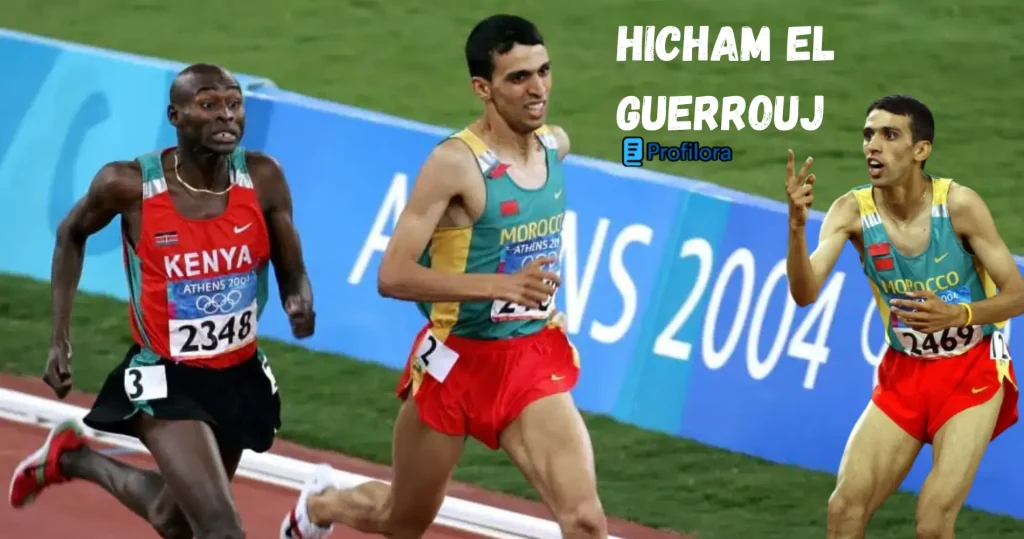 Hicham El Guerrouj portrait with stadium track ambience — middle-distance runner and fastest mile record-holder, featured in Profilia biographies collection.